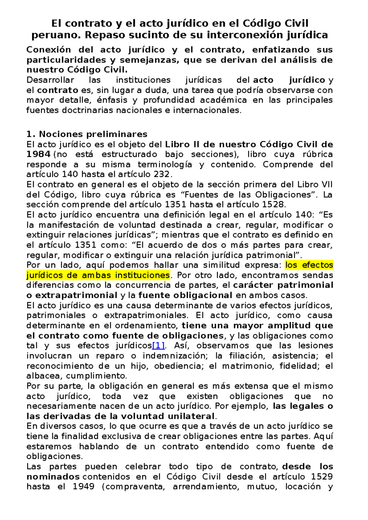 Lectura El contrato y el acto jurídico en el Código Civil peruano - El ...