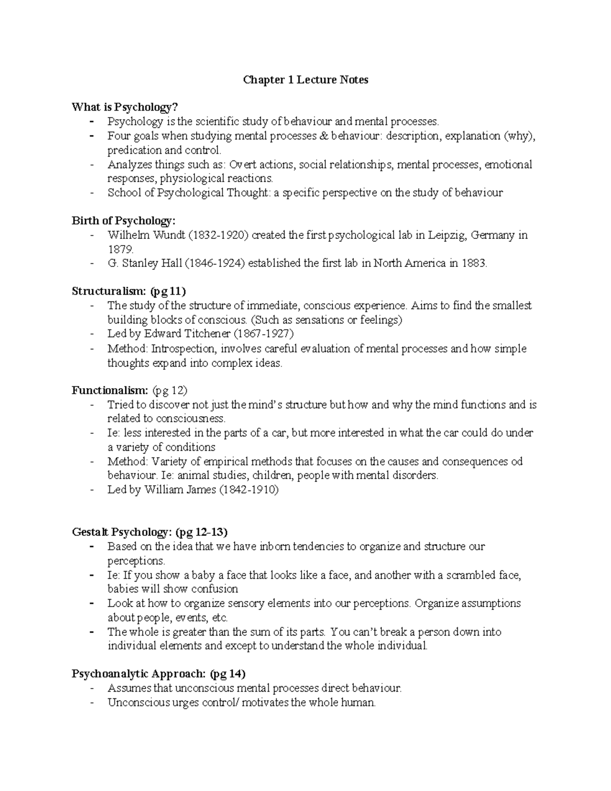 Lecture Notes - Chapter 1 - Chapter 1 Lecture Notes What is Psychology ...