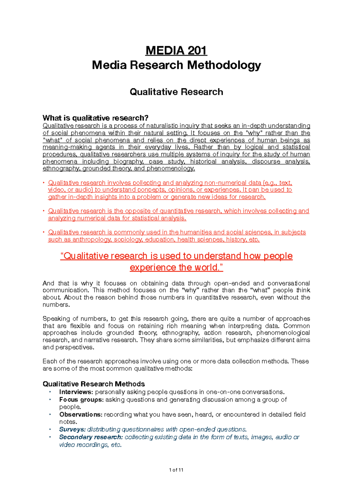 Report Media 201 - Handout - MEDIA 201 Media Research Methodology ...