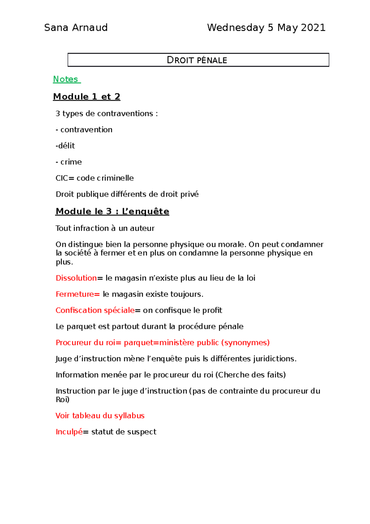 Droit pénale (Notes de cours) - DROIT PÉNALE Notes Module 1 et 2 3 ...