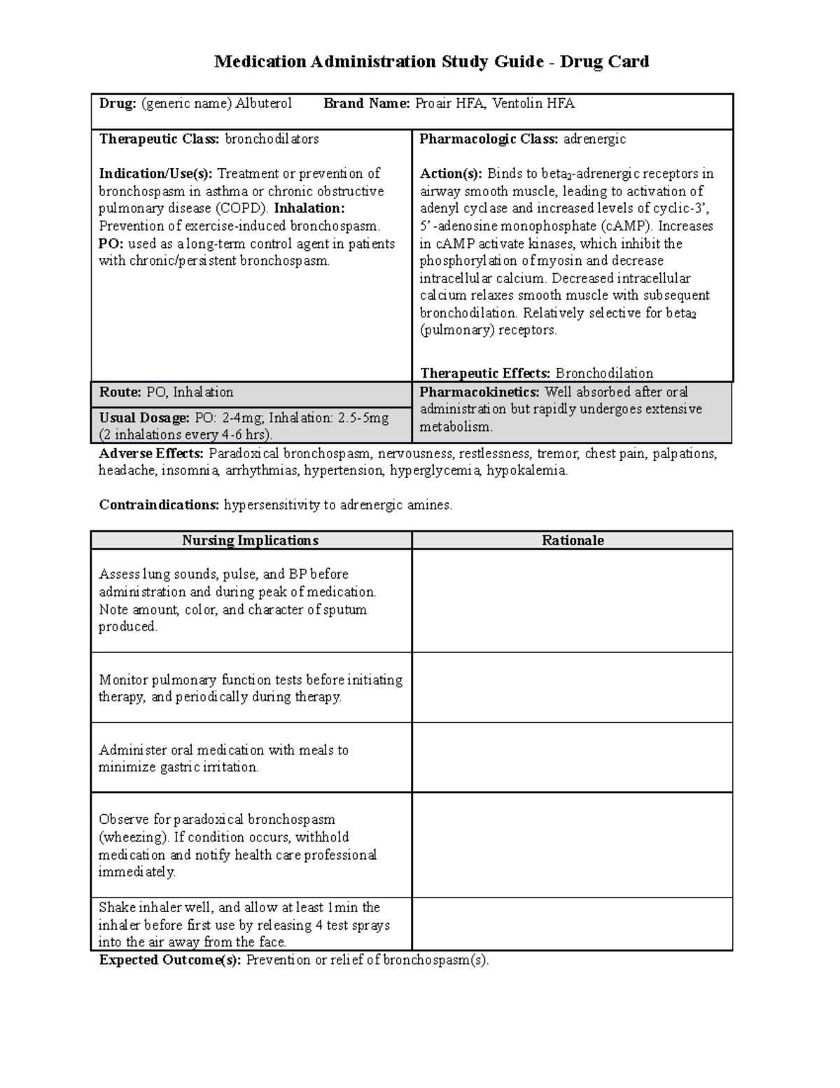 Albuterol - Study Sheet - Medication Administration Study Guide - Drug ...