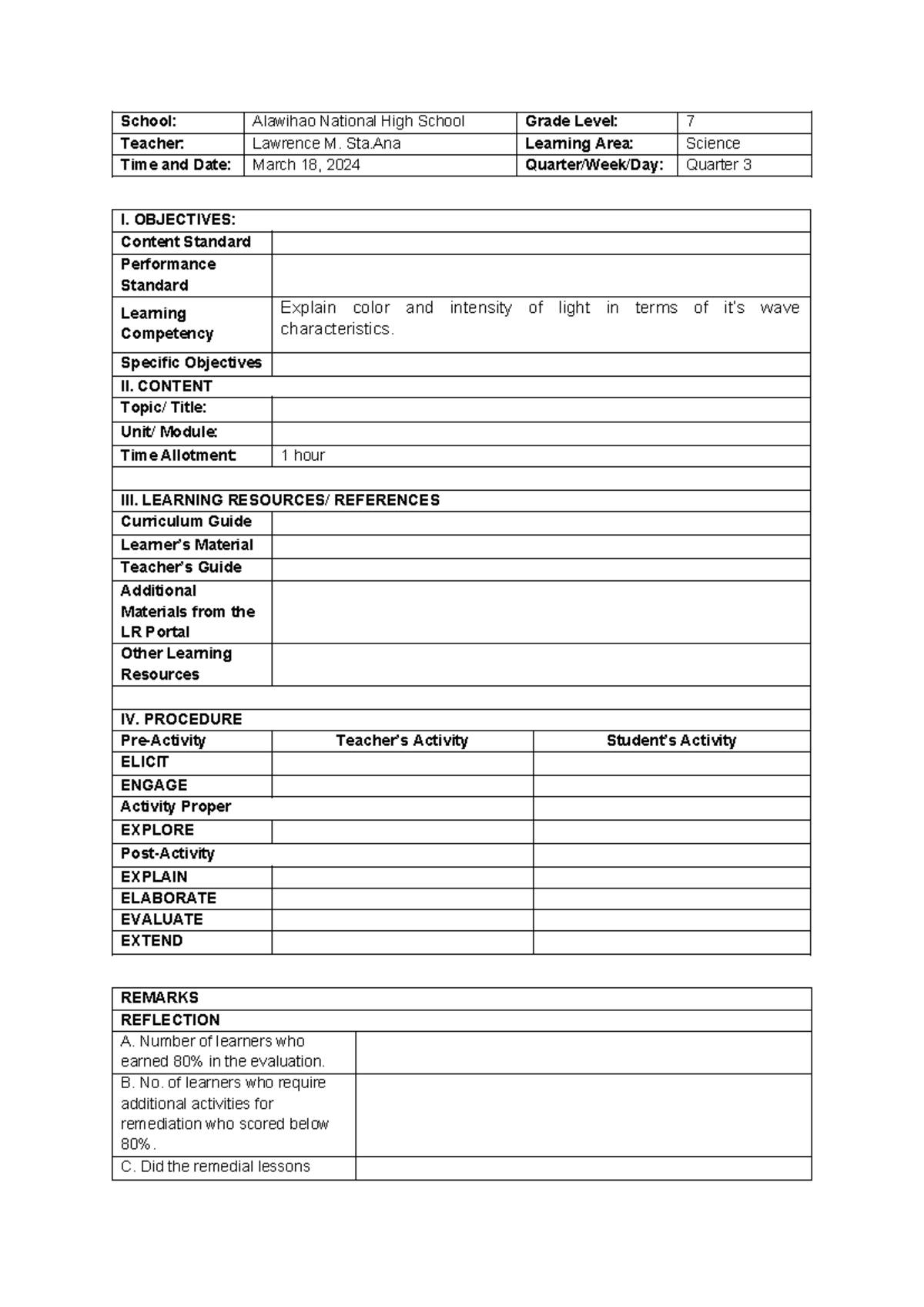 LP- Light Characteristics - School: Alawihao National High School Grade ...