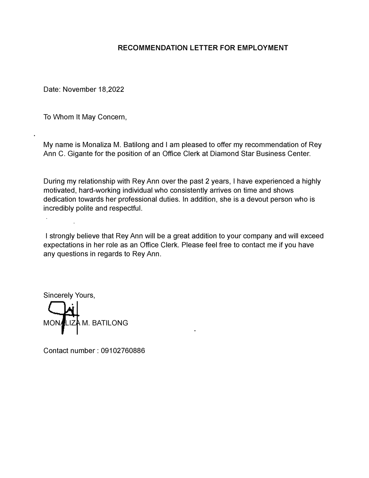 Recommendation Letter FOR Employment - RECOMMENDATION LETTER FOR ...