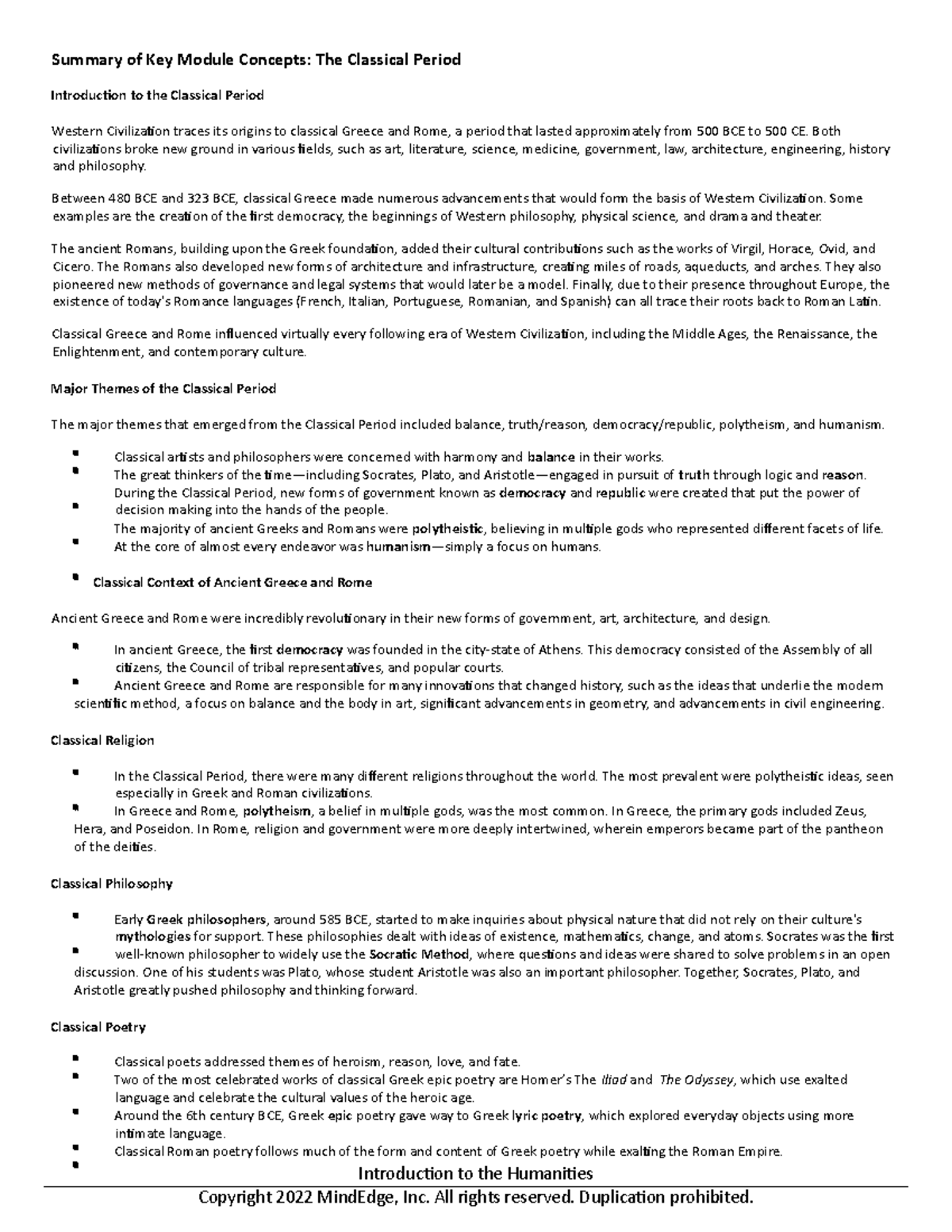 Key Module Concepts-The Classical Period - Summary of Key Module ...