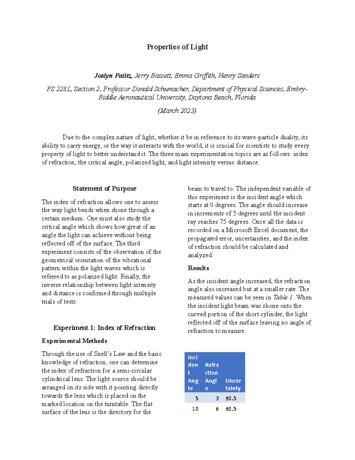 Properties of Light Lab Summary Properties of Light Joslyn Patitz