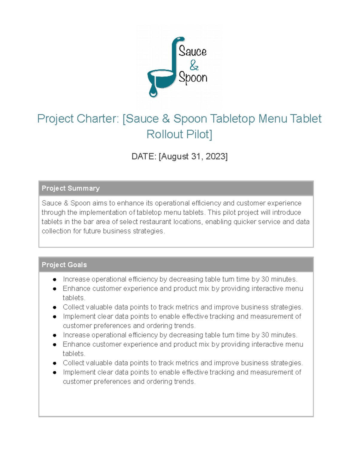 Project Charter Sample Project Charter [Sauce & Spoon Tabletop