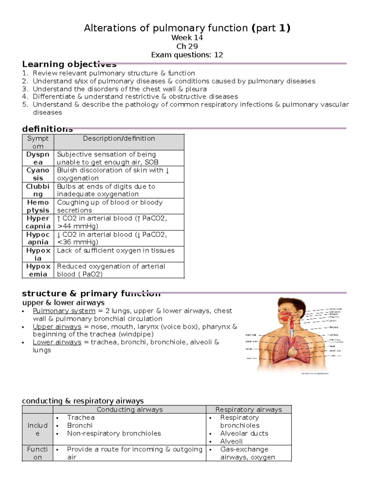 Pulmonary - Alterations Of Pulmonary Function (part 1) Week 14 Ch 29 ...