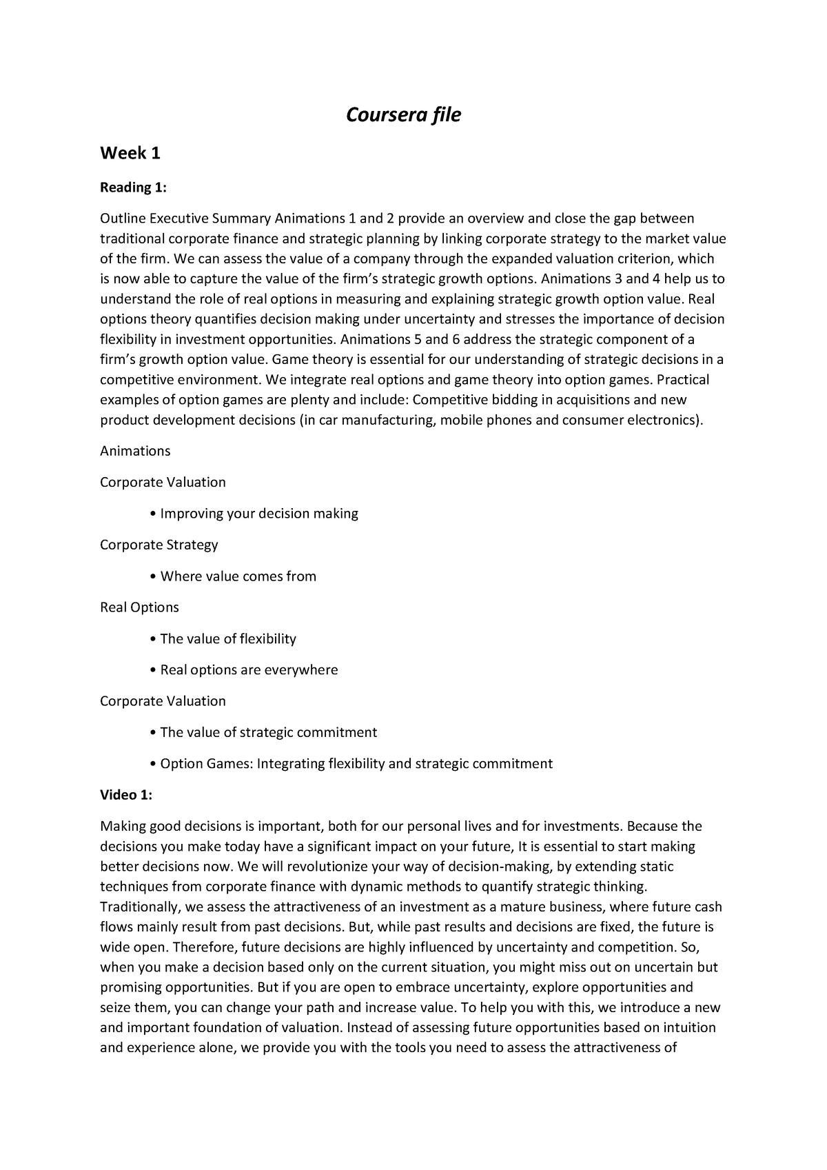 Advanced Corporate Finance and Strategy - Coursera file Week 1 Reading ...