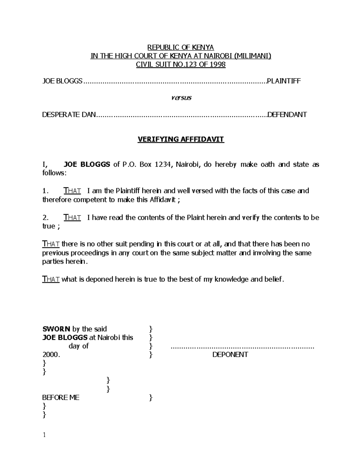 Verifying-Affidavit example - 1 REPUBLIC OF KENYA IN THE HIGH COURT OF ...