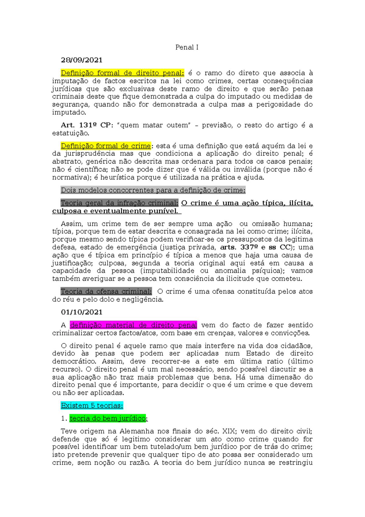 Apontamentos Das Aulas Teóricas De Direito Penal I - Penal I 28/09 ...