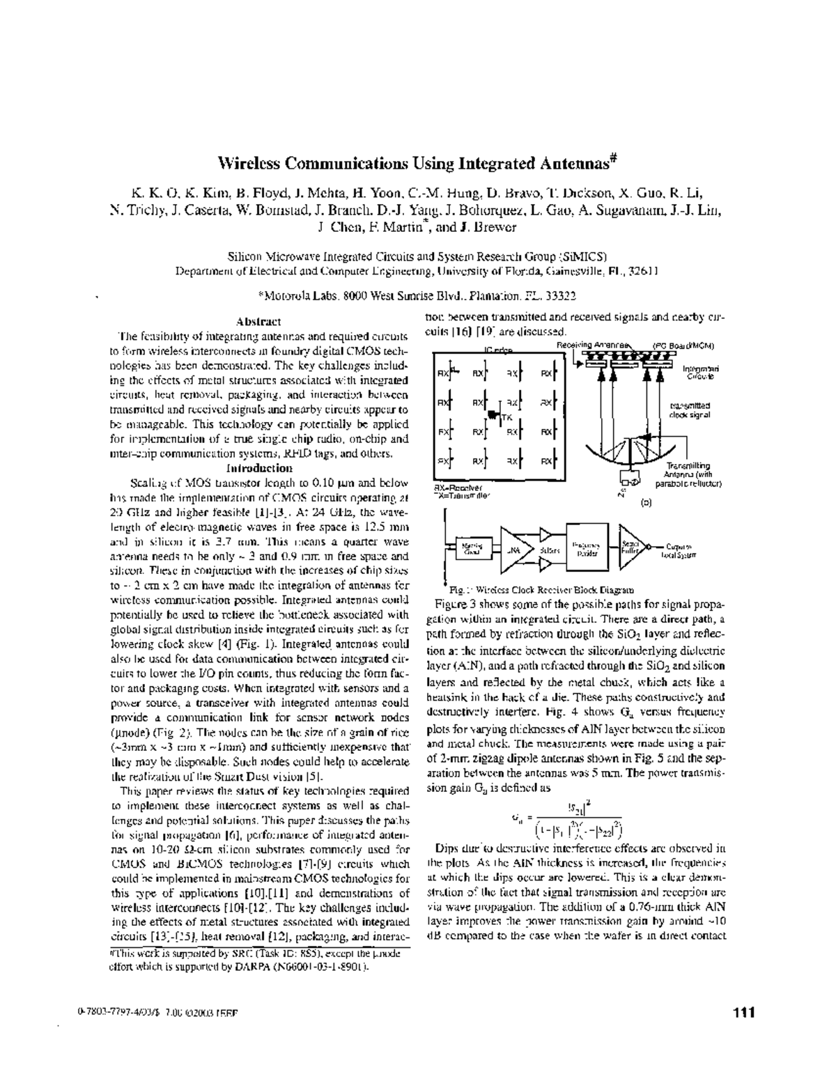 Wireless Communications Using Integrated Antennas K. 0, K. Kim, B