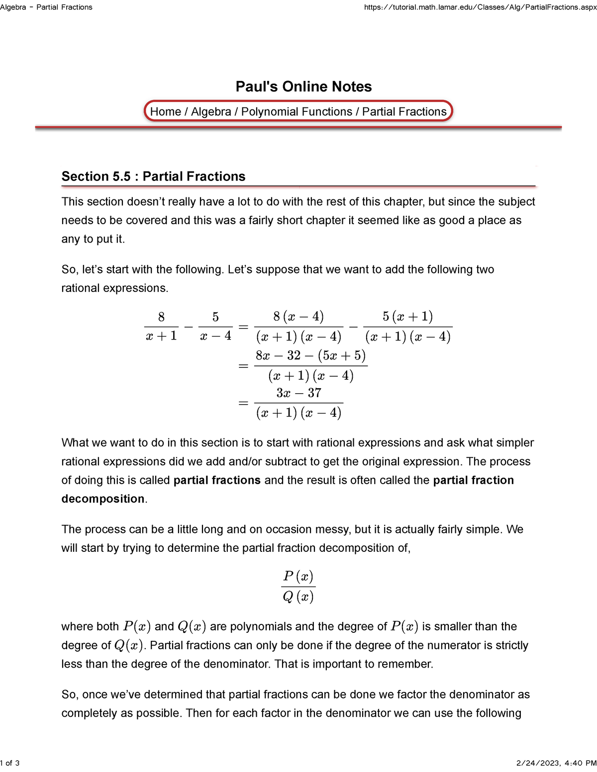 Algebra - Partial Fractions - Paul's Online Notes Home / Algebra ...