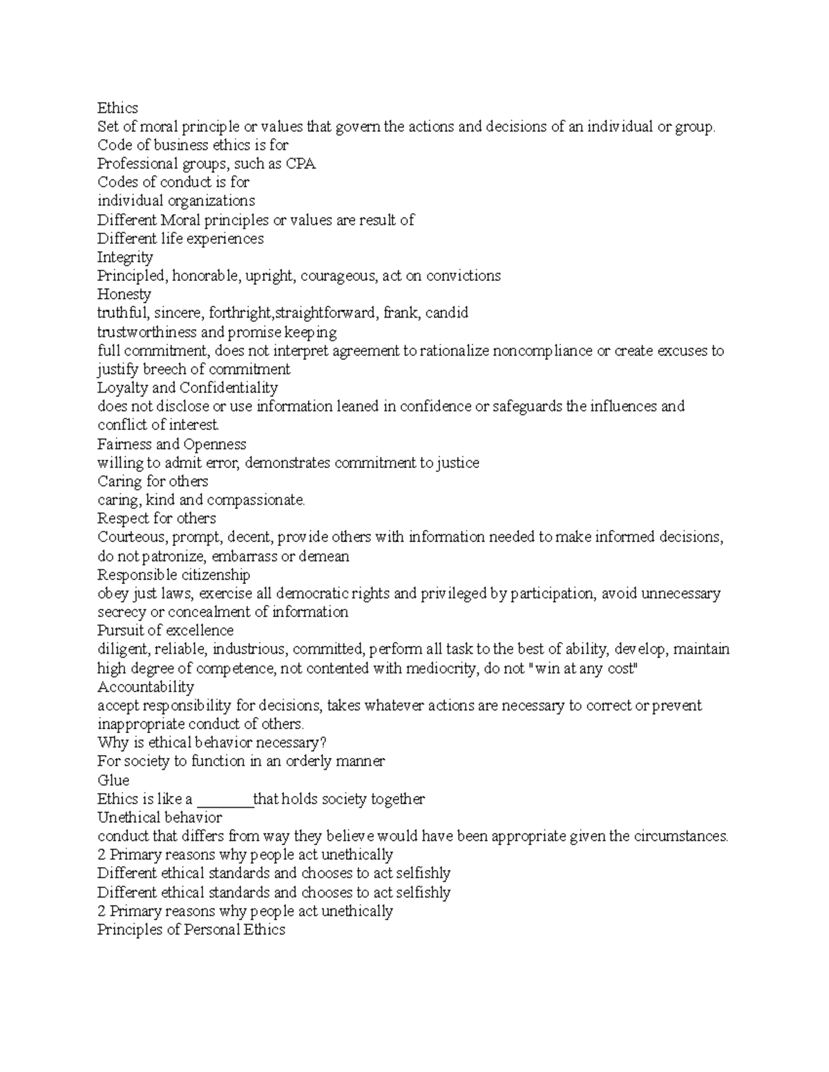 Eth 5 - notes - Ethics Set of moral principle or values that govern the ...