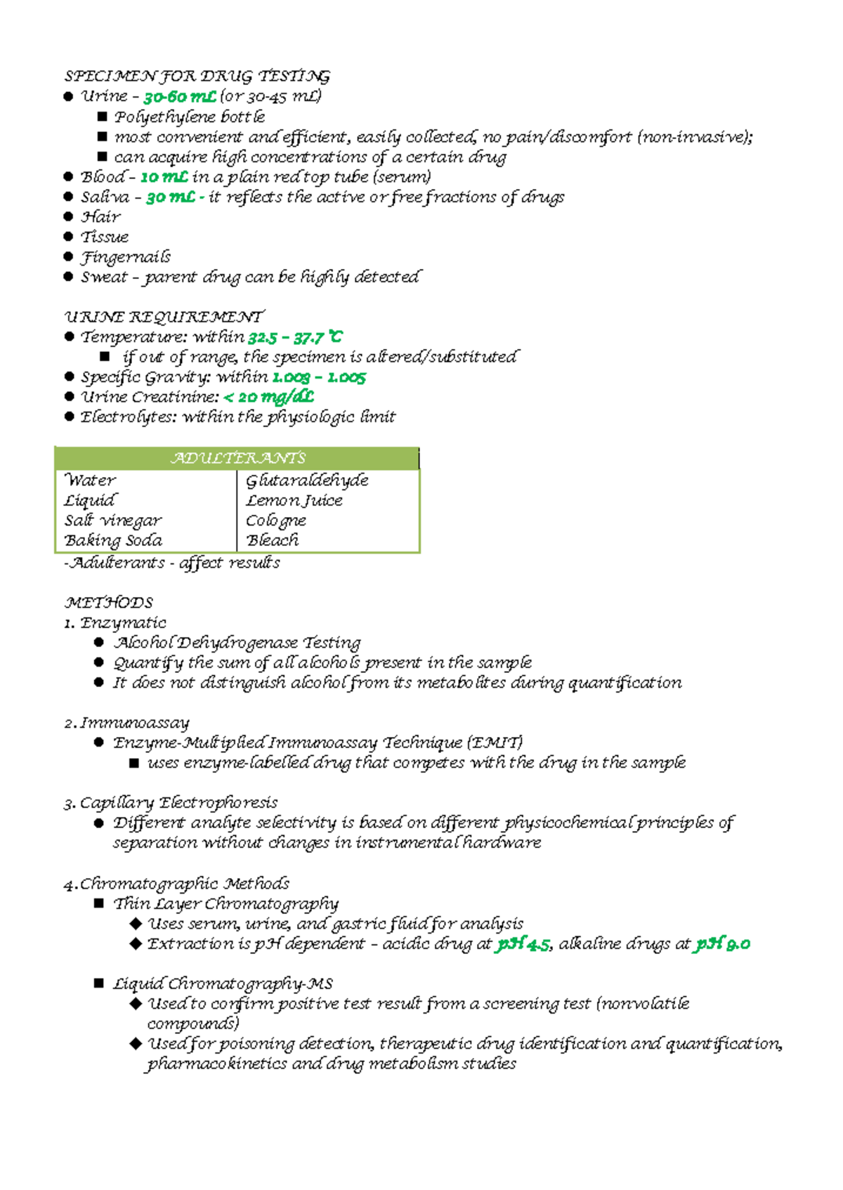 DRUG Testing lecture - SPECIMEN FOR DRUG TESTING Urine – 30-60 mL (or ...