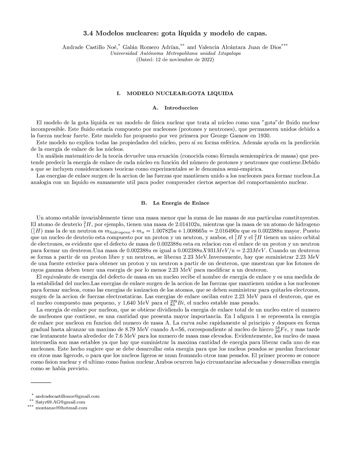 Gota liquida version final - 3 Modelos nucleares: gota l ́ıquida y modelo  de capas. Andrade Castillo - Studocu
