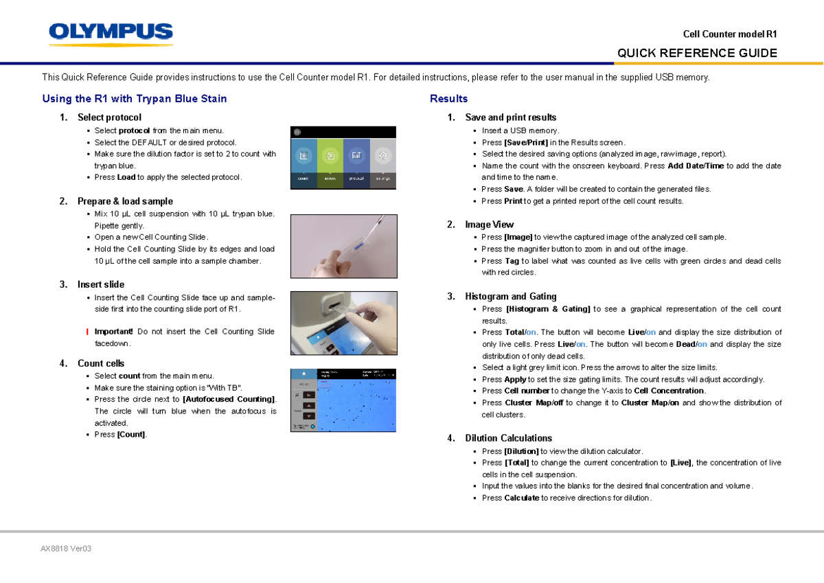 AX8818 Cell Counter Model R1 Quick Reference Guide en - This Quick ...