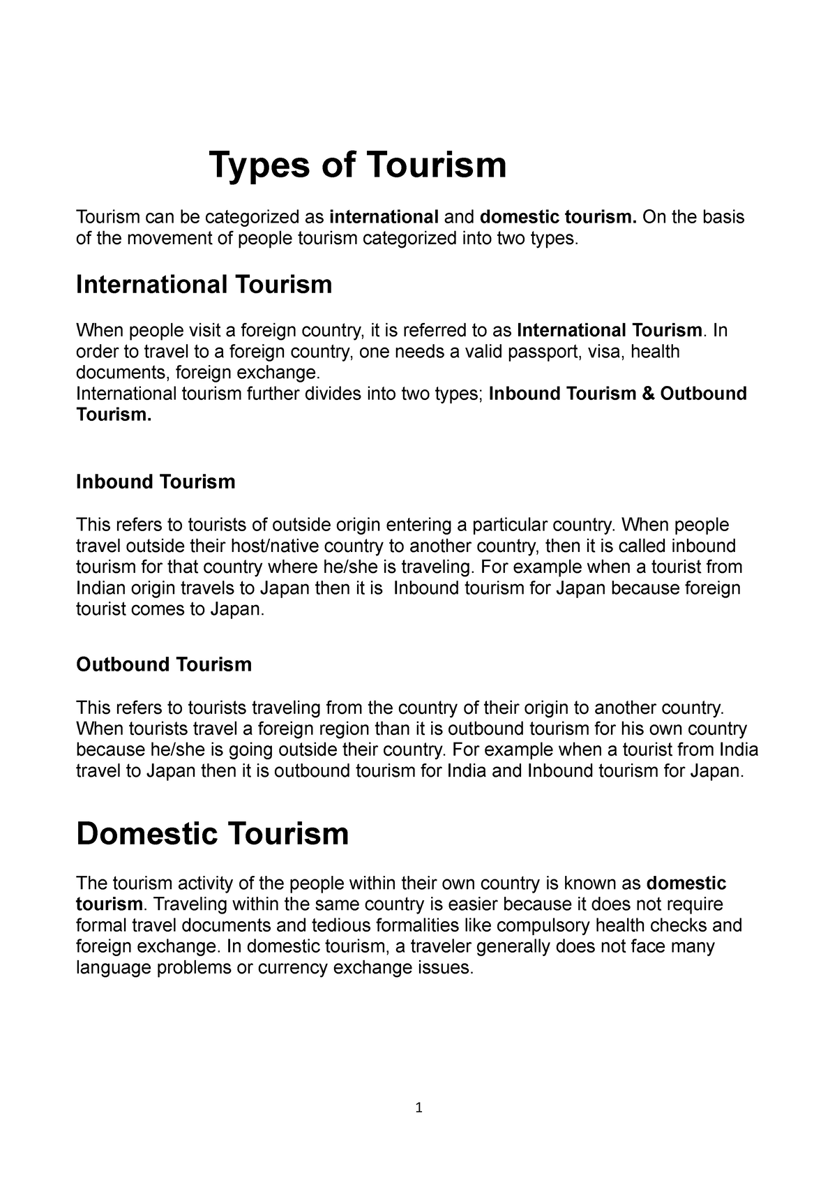 types of tourism course