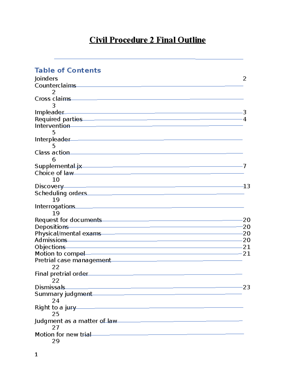 Civ Pro 2 Outline - Civil Procedure 2 Final Outline Table Of Contents ...