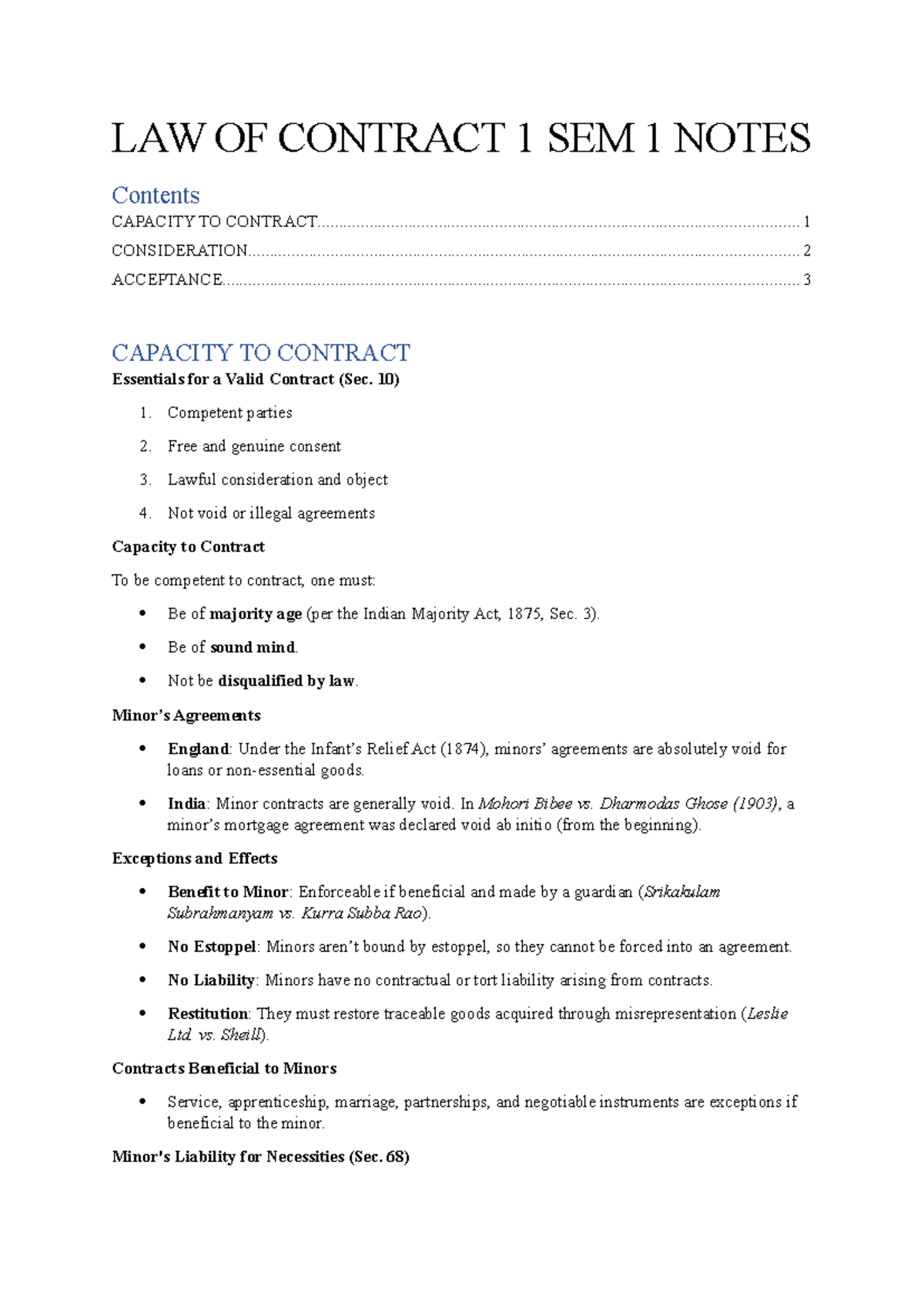 LAW OF Contract 1 SEM 1 Notes midsem - LAW OF CONTRACT 1 SEM 1 NOTES ...