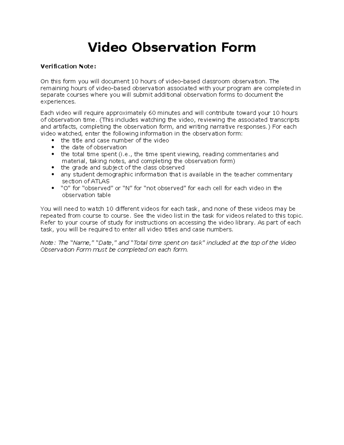 TASK4 Observation redone 1 - Video Observation Form Verification Note ...