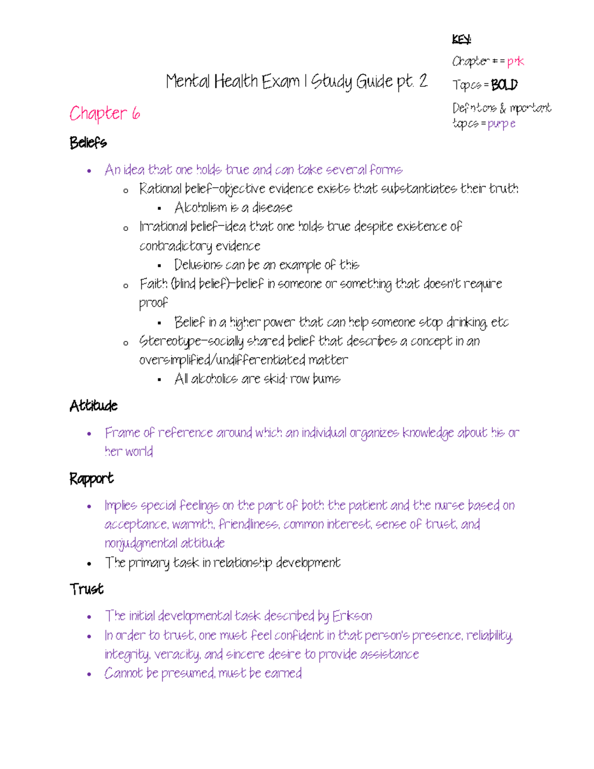 Mental Health Exam 1 Study Guide pt 2 - 2 Chapter 6 Beliefs An idea ...