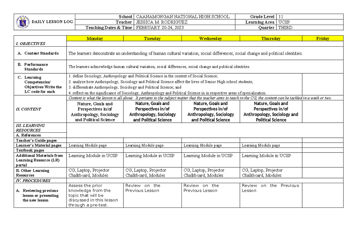 WEEK 1 Perspective OF Anthropology AND Sociology - DAILY LESSON LOG ...