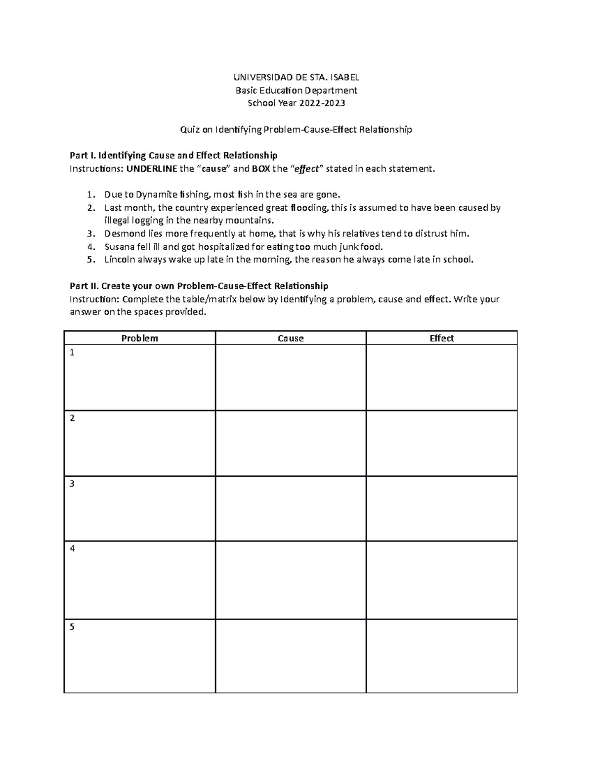 Cause -effect Worksheet - Universidad De Sta. Isabel Basic Education 