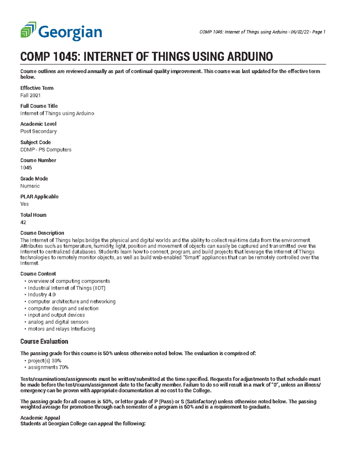 COMP 1045 Internet of Things using Arduino - This course was last ...