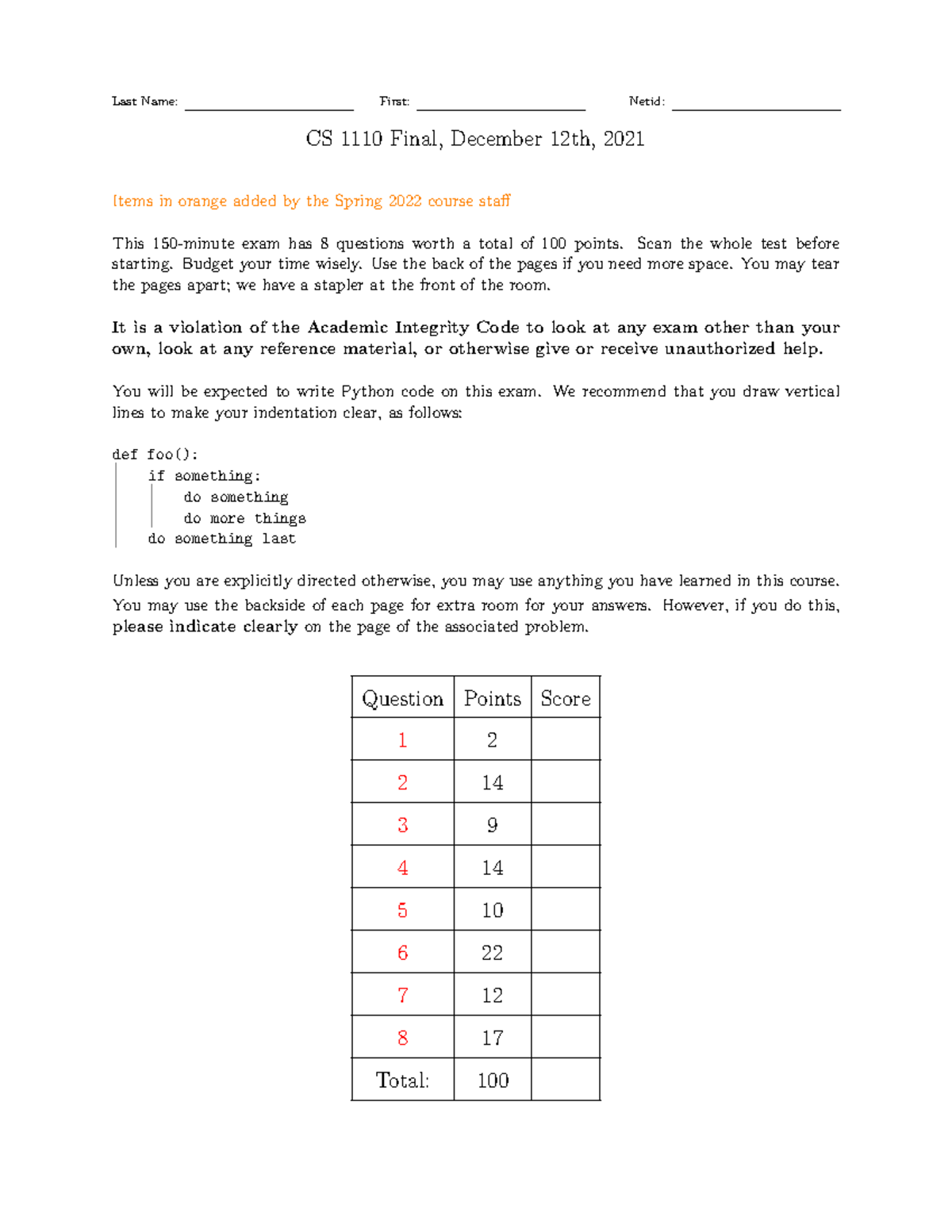 2021 fall final answers CS 1110 Final, December 12th, 2021 Items in