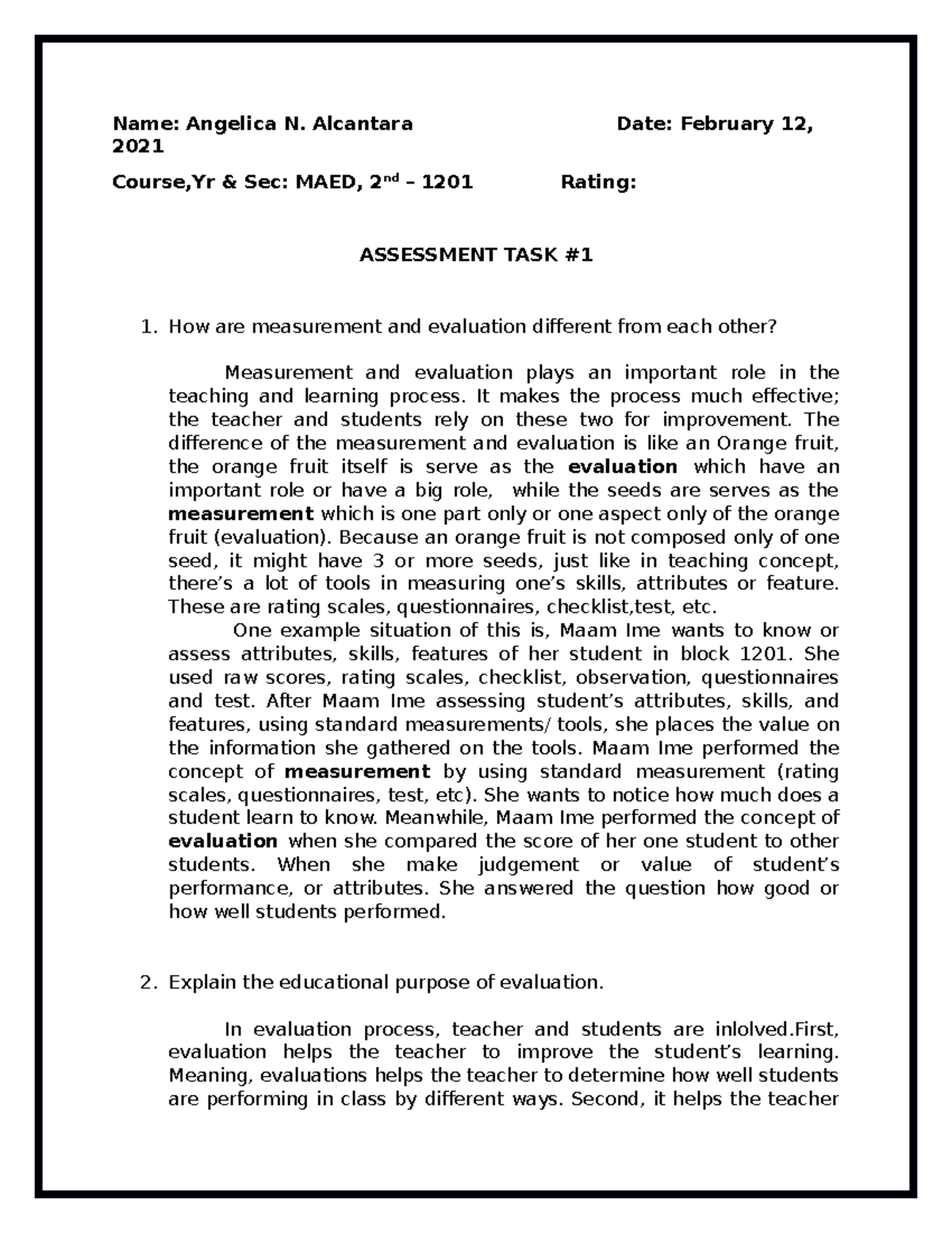 Assessment TASK #1 - Exercises (STAT) - Name: Angelica N. Alcantara ...
