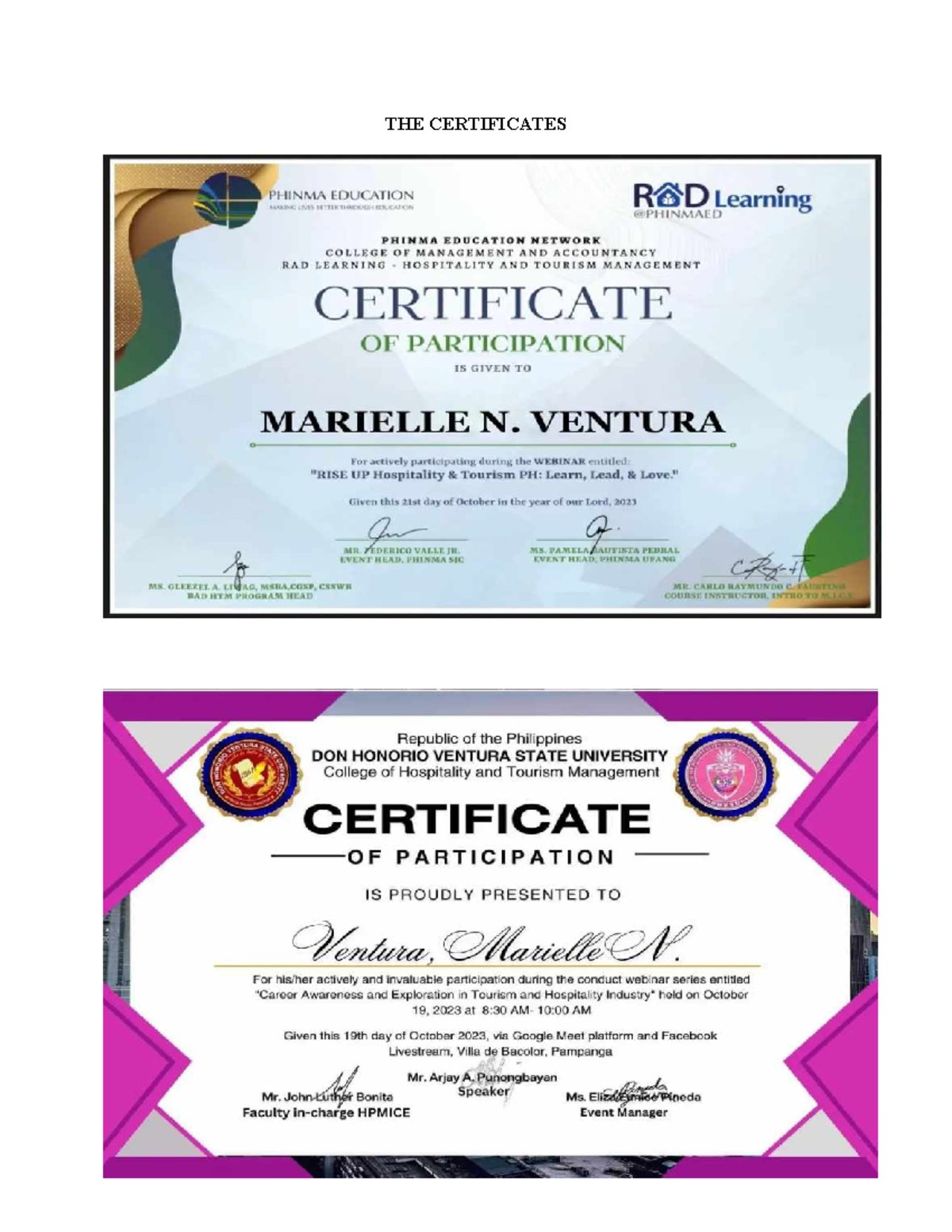 Reaction Paper 2A, Ventura, Marielle - THE CERTIFICATES VENTURA ...