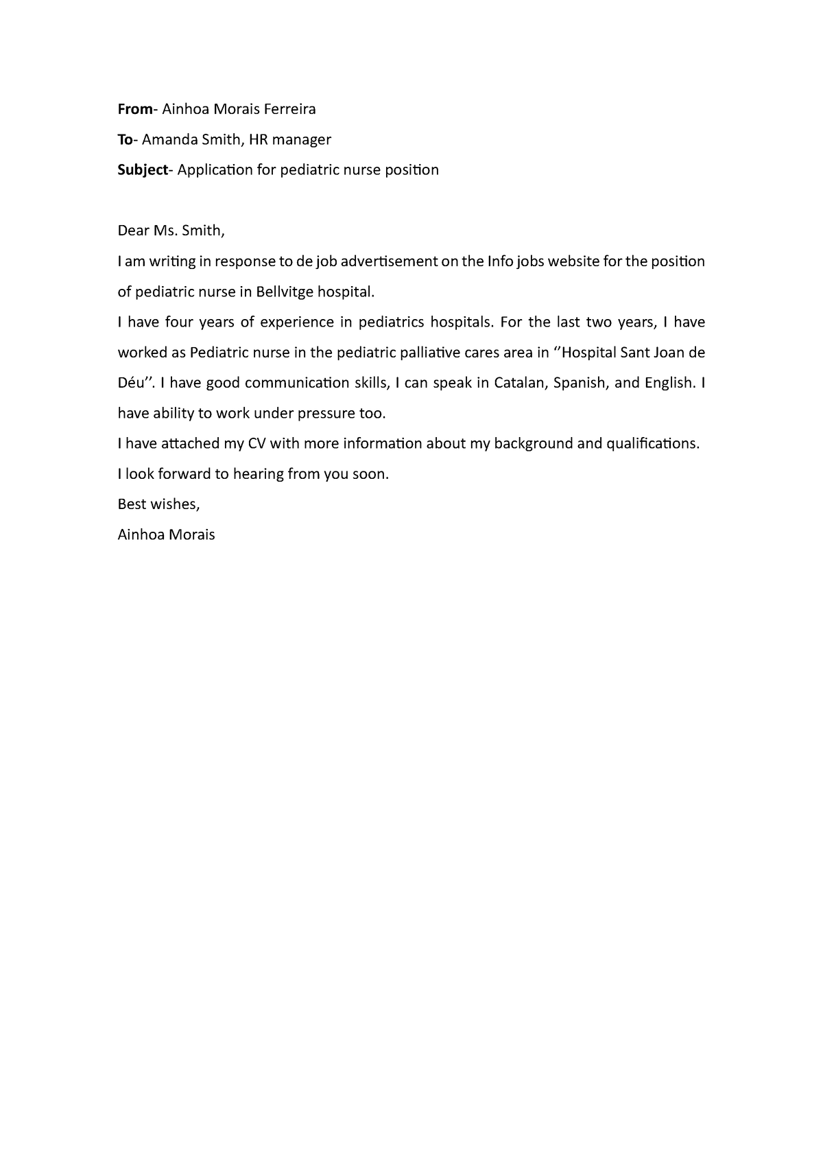 Cover letter ingles - From- Ainhoa Morais Ferreira To- Amanda Smith, HR ...