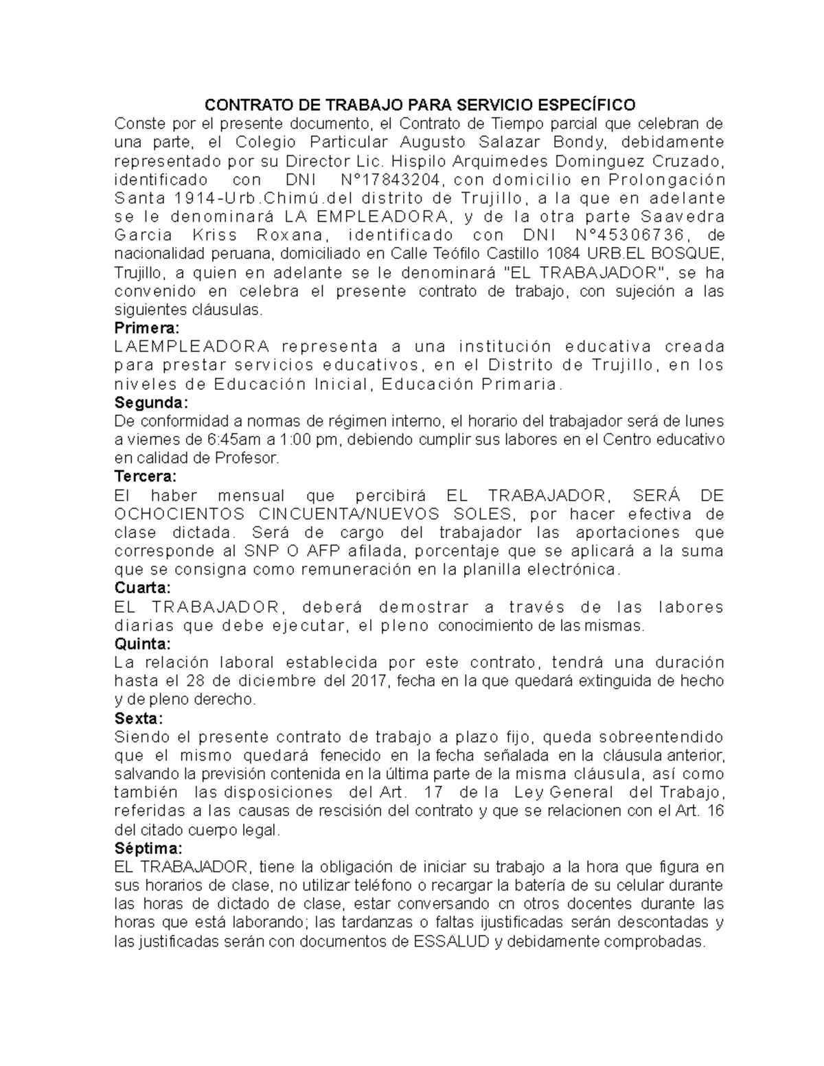 Contrato bondy - letras - CONTRATO DE TRABAJO PARA SERVICIO ESPECÍFICO ...