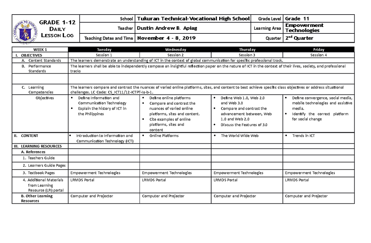 Dll Empowerment Technologies Week 1 - GRADE 1- DAILY LESSON LOG School ...