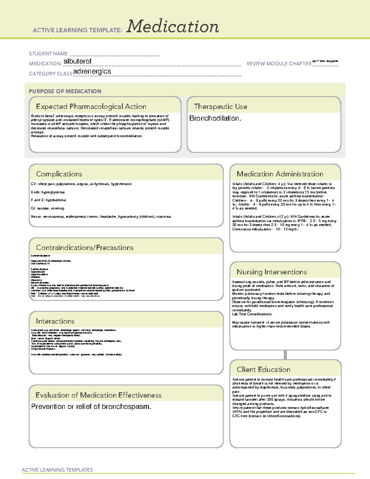 Albuteral - med template - ACTIVE LEARNING TEMPLATES Medication STUDENT ...