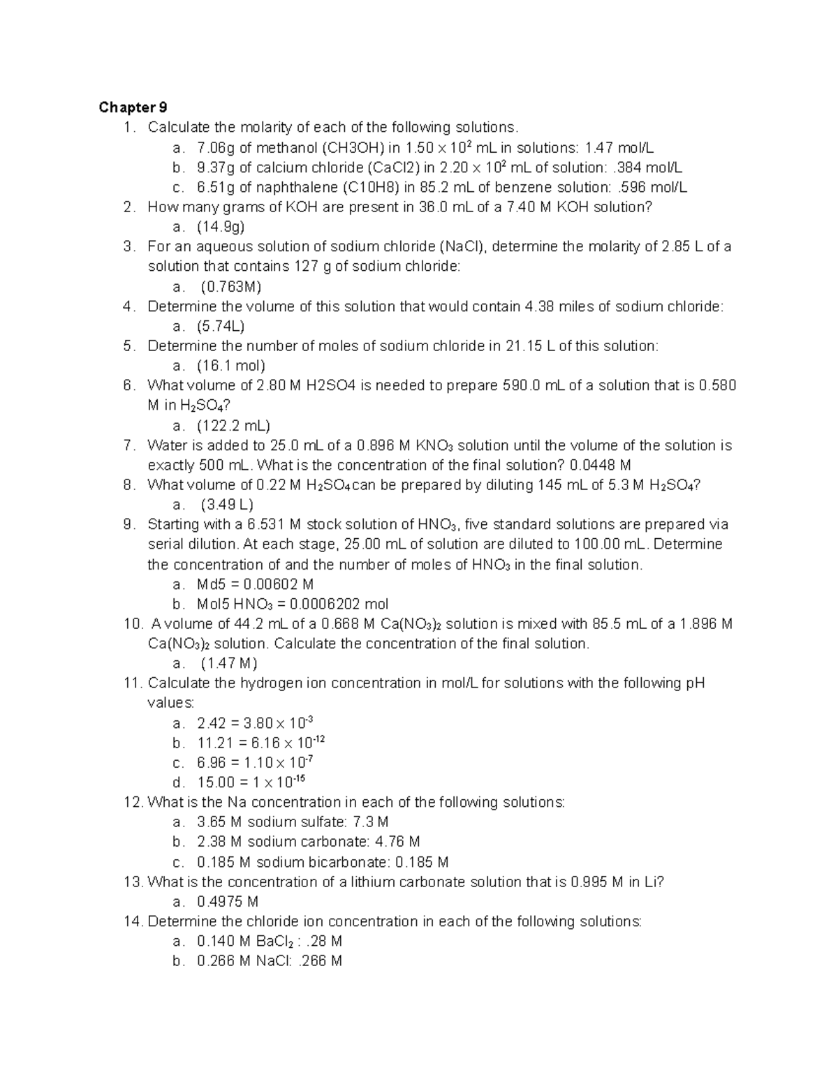 Chem problems - Chapter 9 1. Calculate the molarity of each of the ...