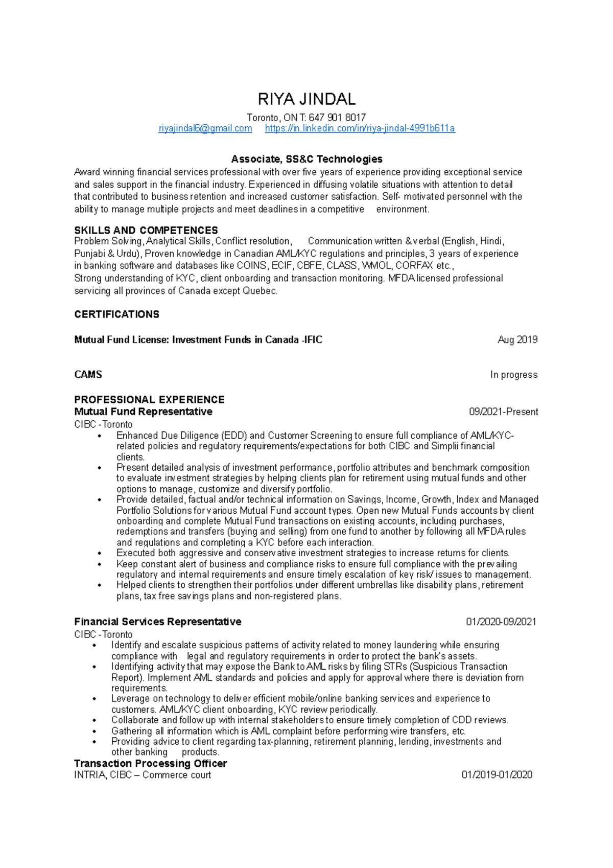 Riya Jindal- Dec 2021 Resume - RIYA JINDAL Toronto, ON T: 647 901 8017 ...