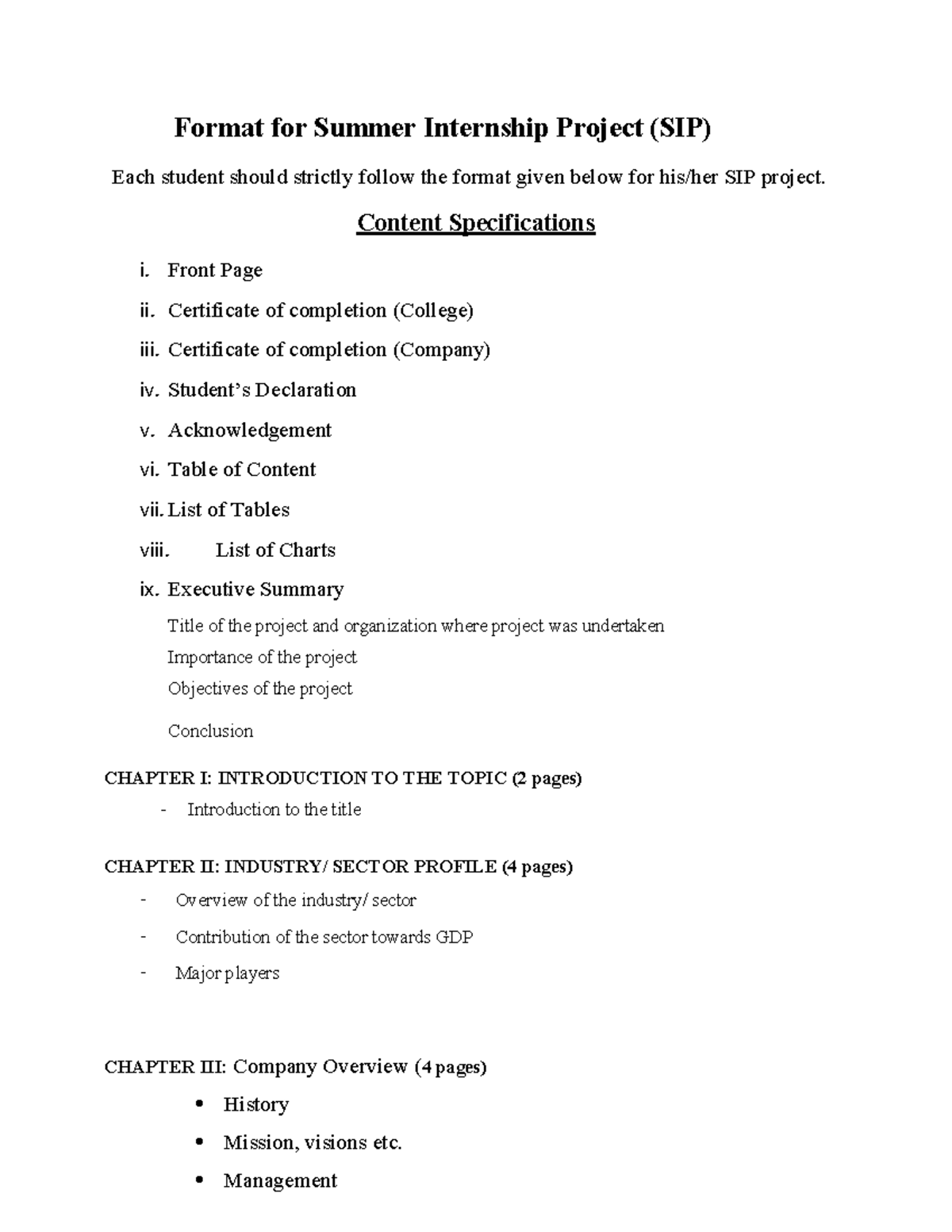 SIP Project Format IIMP BBA - Format for Summer Internship Project (SIP ...