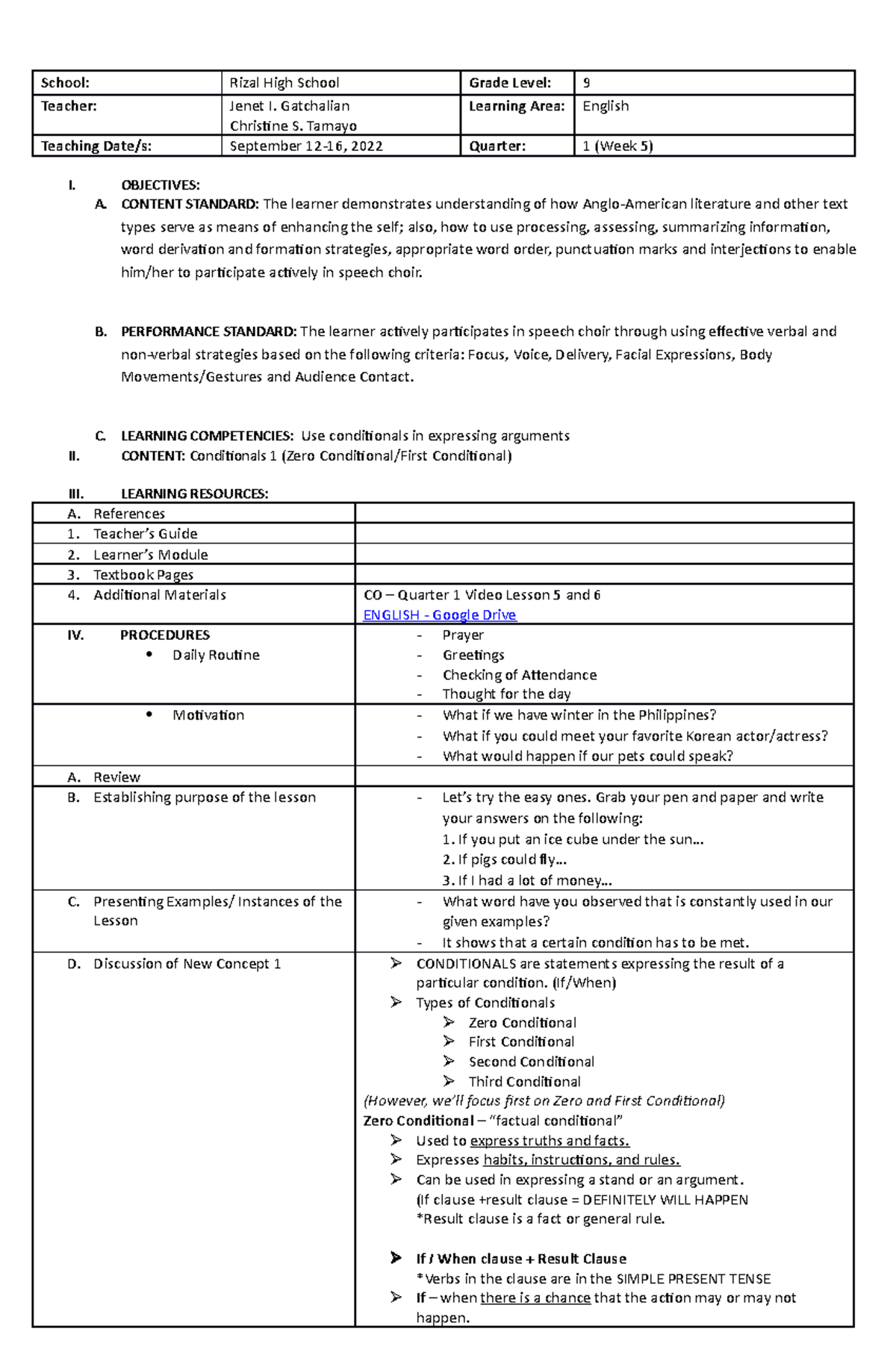 Quarter 1 Week 5 - Lesson Plan on Conditionals - School: Rizal High ...