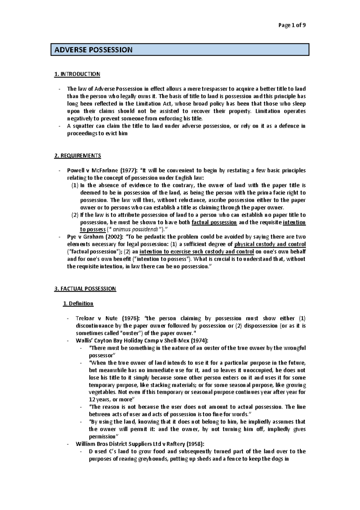 Adverse Possession (UOL) - ADVERSE POSSESSION 1. INTRODUCTION The Law ...