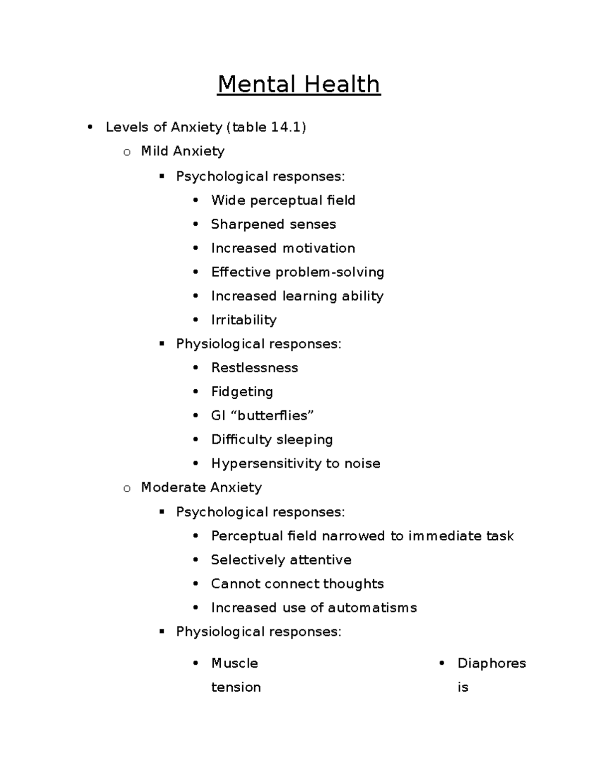 Mental Health - Mental Health Levels of Anxiety (table 14) o Mild ...