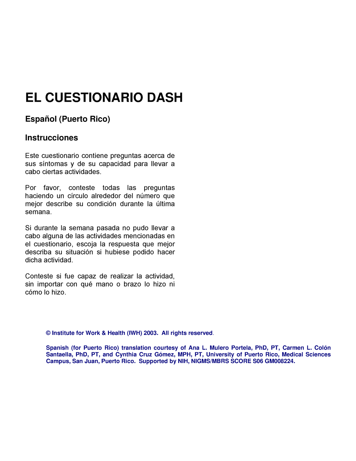 Escala DASH - EL CUESTIONARIO DASH Español (Puerto Rico) Instrucciones ...