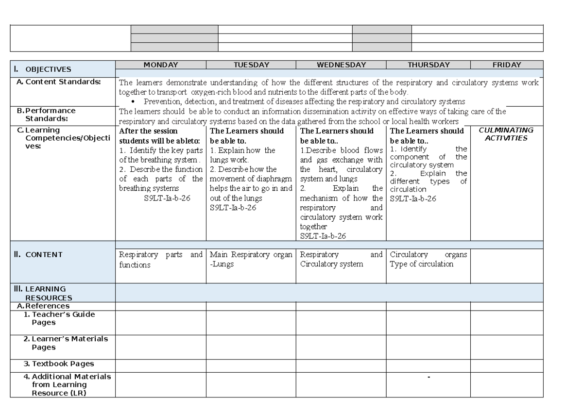 Grade 9 students - I. OBJECTIVES MONDAY TUESDAY WEDNESDAY THURSDAY ...