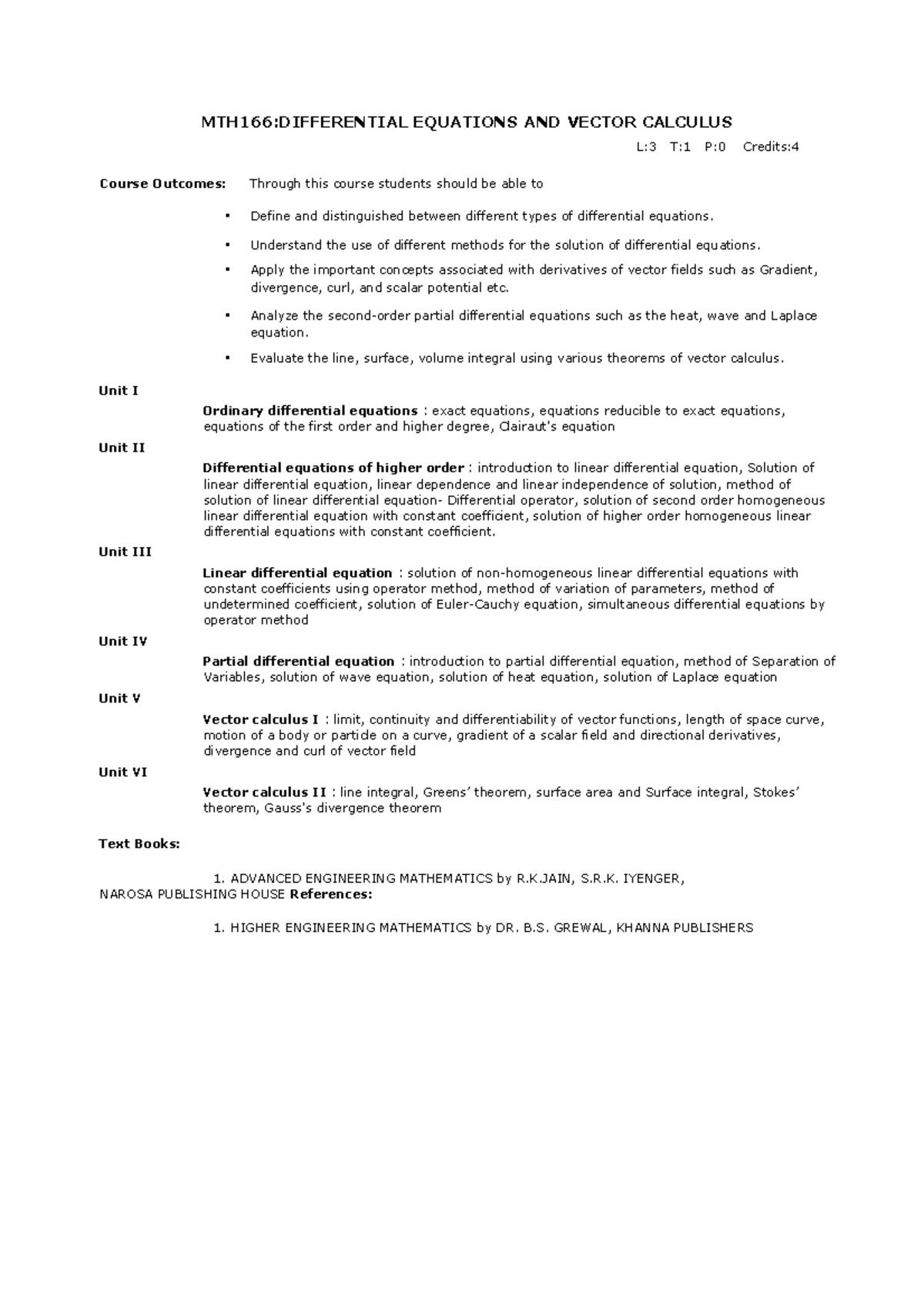 Mth166 syllabus MTH166DIFFERENTIAL EQUATIONS AND VECTOR CALCULUS L3