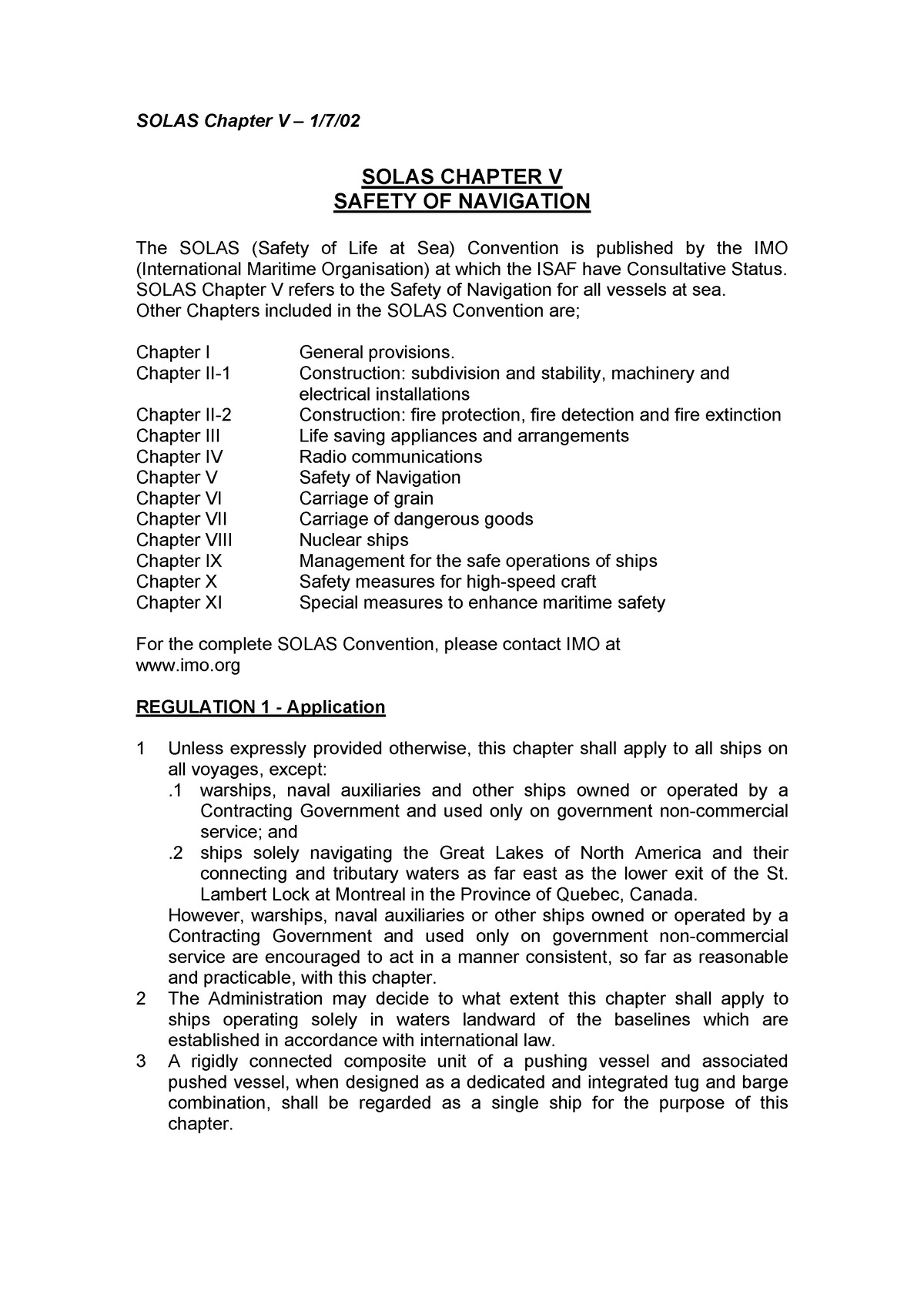 Solas Chapter V- Safety Of Navigation - SOLAS CHAPTER V SAFETY OF ...