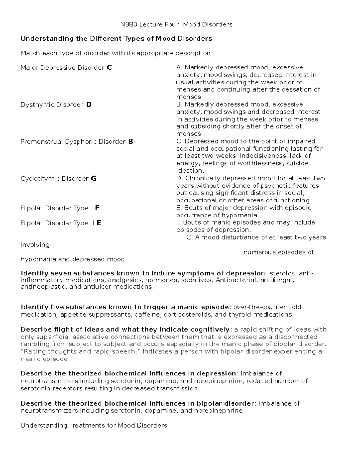 Mood disorders study guide - N380 Lecture Four: Mood Disorders ...