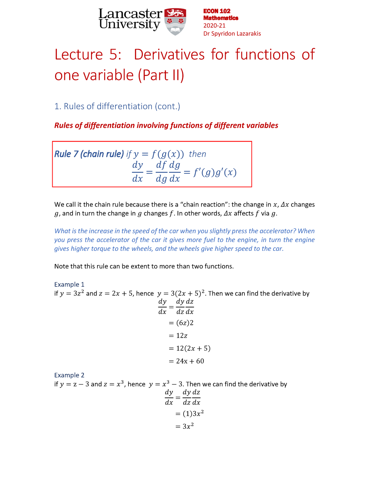 Sl Lecture 5 Grade B Mathematics 21 Dr Spyridon Lazarakis Lecture 5 Derivatives For Studocu