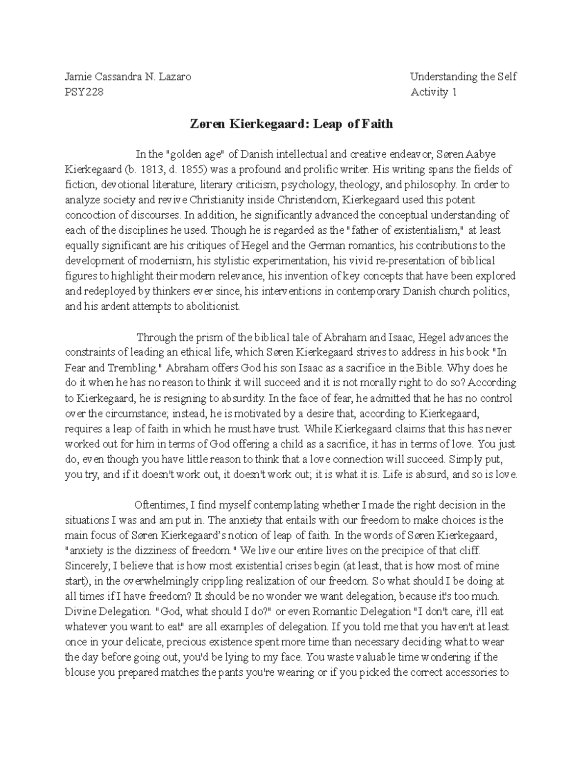 Zøren Kierkegaard Leap of Faith Updated Jamie Cassandra N. Lazaro