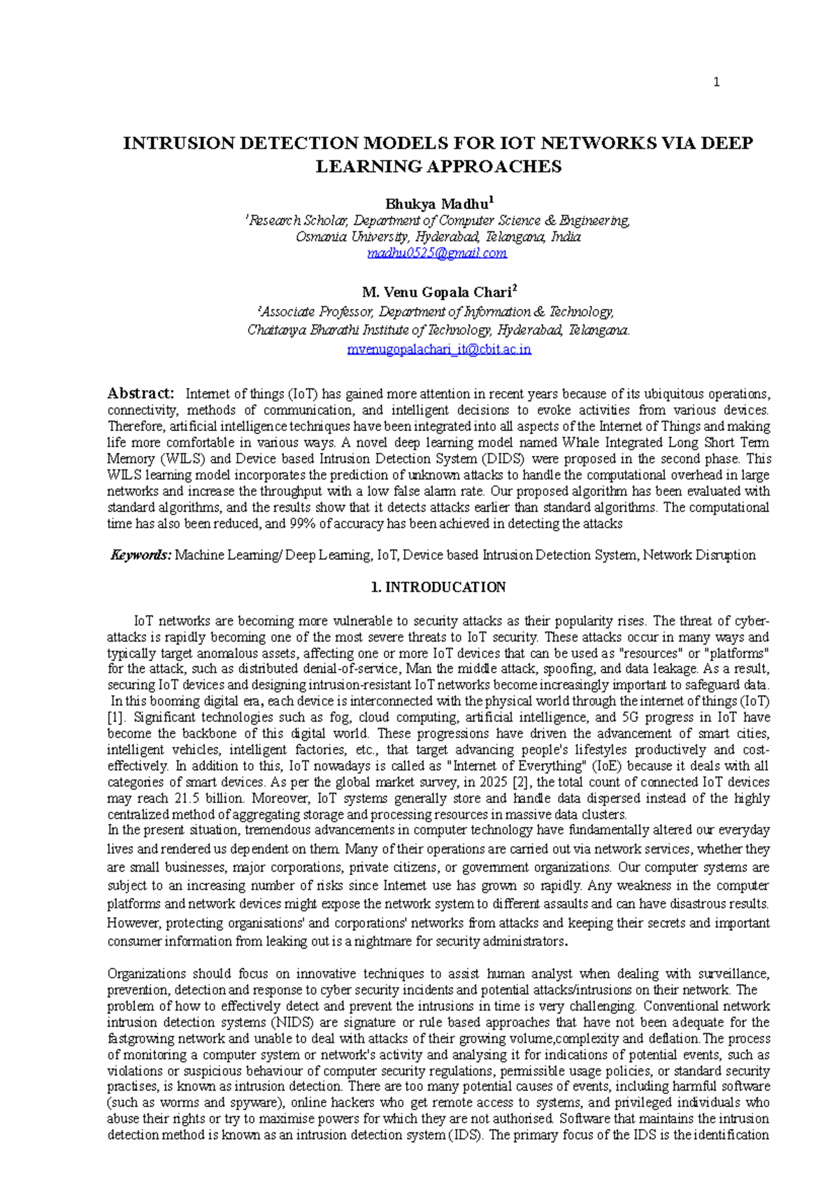 Paper - for yours - 1 INTRUSION DETECTION MODELS FOR IOT NETWORKS VIA ...