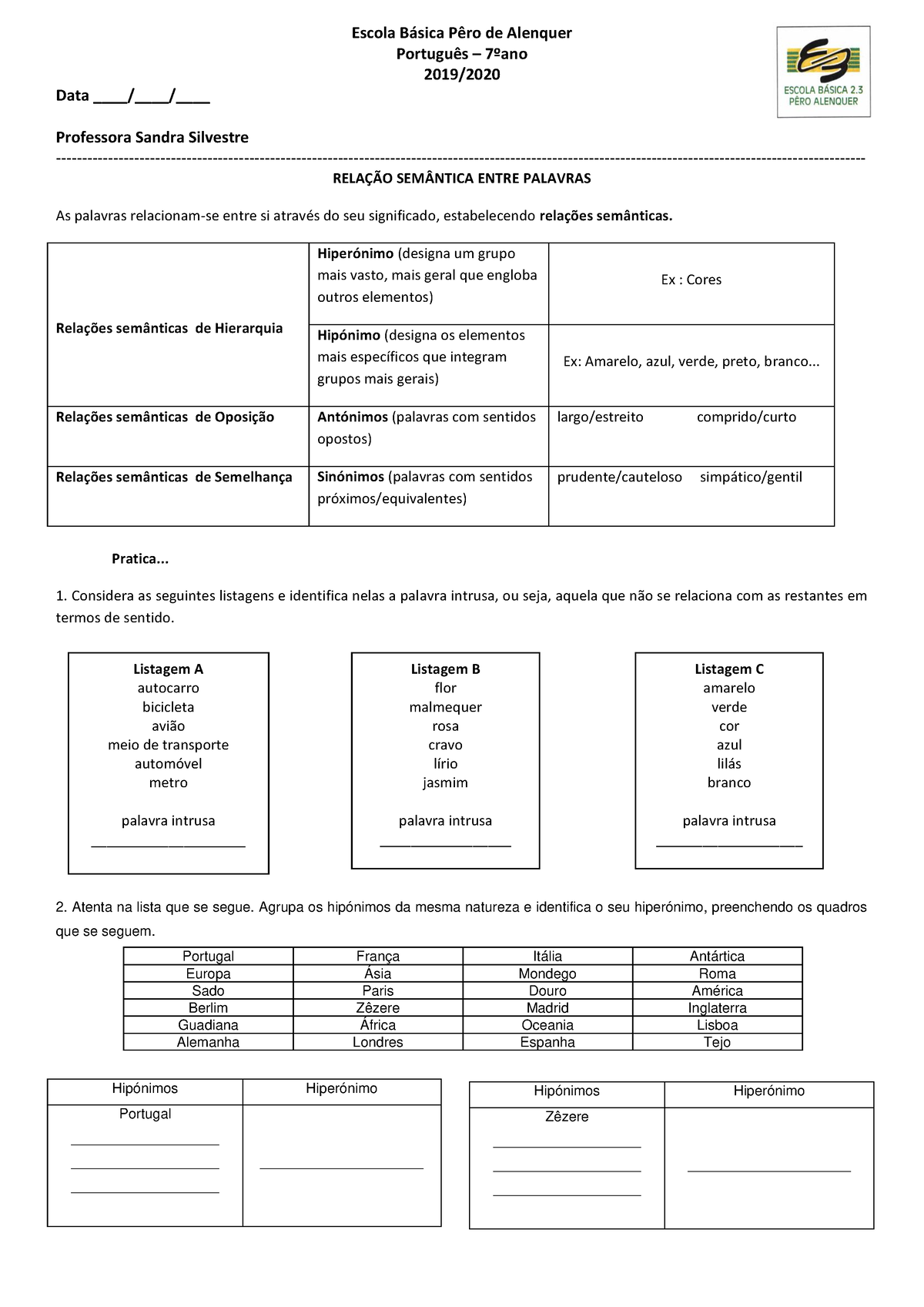 Relações Semânticas Sinónimo, Antónimo, Hiperónimo, Hipónimo